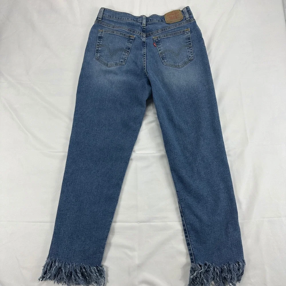 Levis 512 Slim Stretch Blue Jeans Fringe Hem High Rise Women's Size 12‎